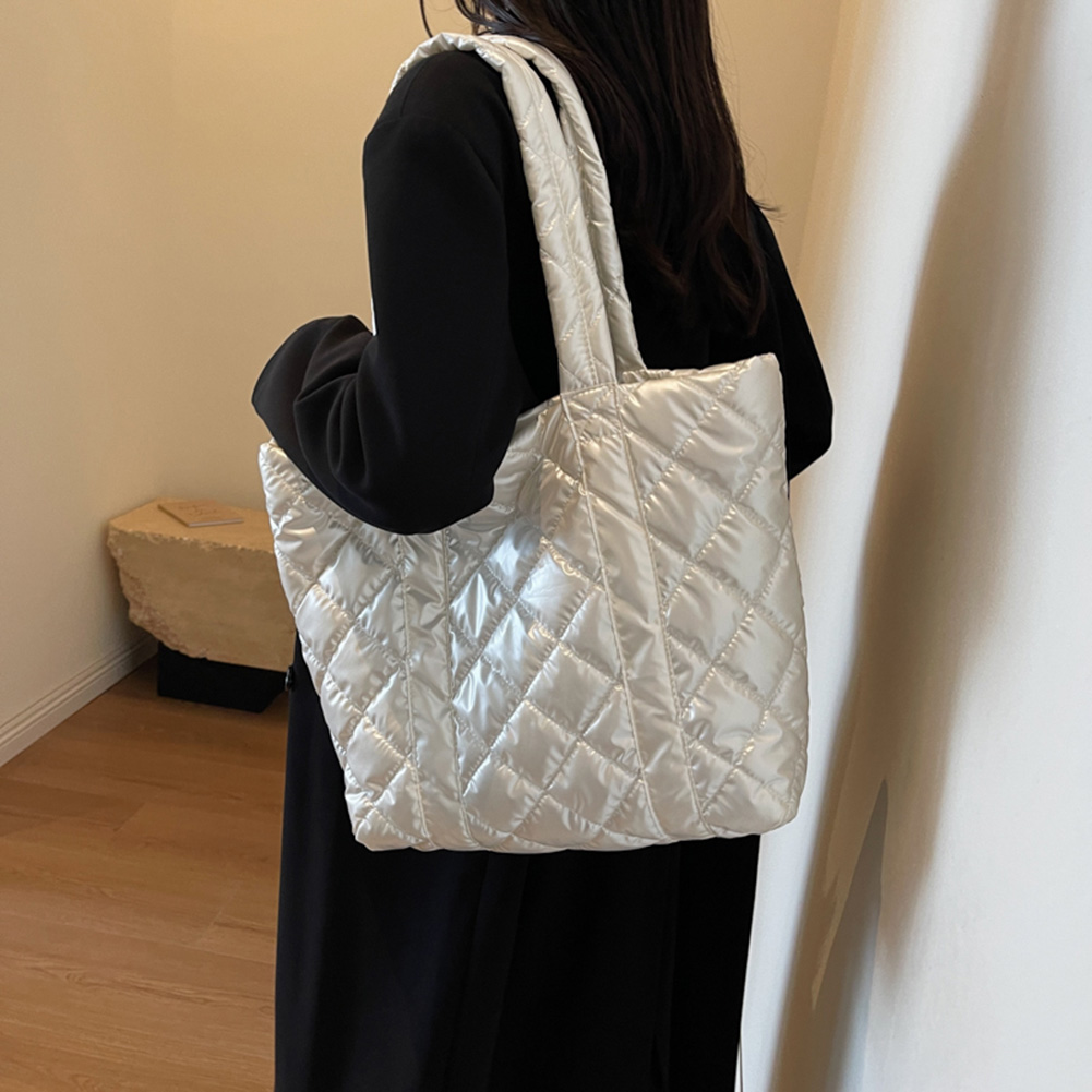 Women Padded Shoulder Bag Large Capacity Quilted Padded Bag Soft Lightweight Metallic Color Female Outdoor Shopping Bag