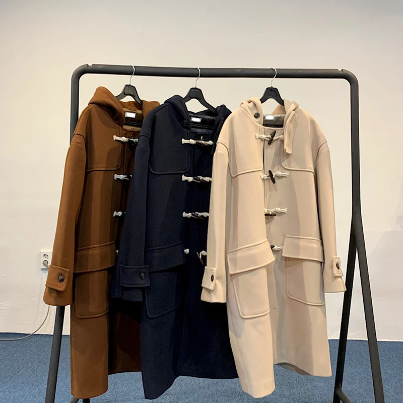 Horn button mens college style hooded wool coat thick loose fit British cashmere wool thick medium long jacket Y61 241112