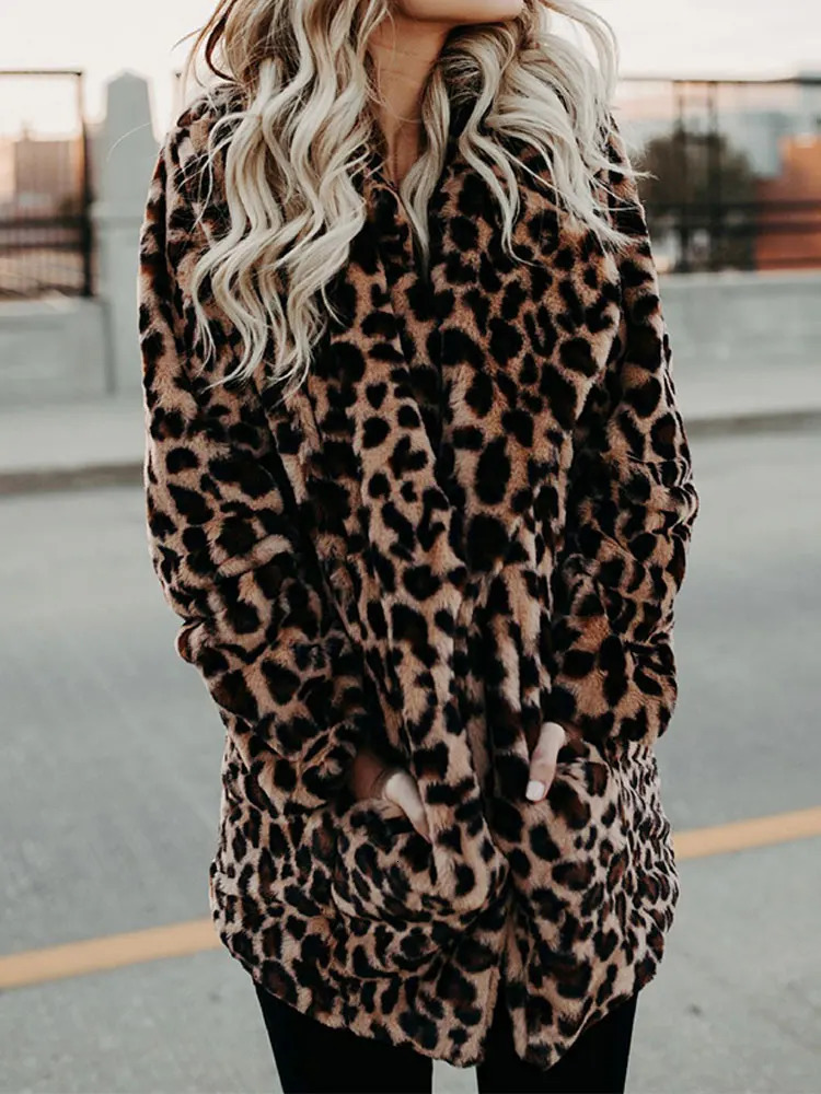 Autumn leopard print faux fur coat womens long winter coat womens warm womens fur jacket womens fur coat 241112