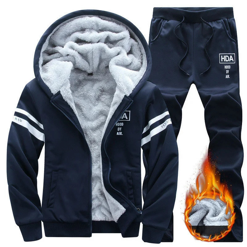 Men 2 Piece Set Sportswear 4XL Inner Fur Mens Tracksuits Winter Warm Hoodies Suit Casual Fleece Lined Sweatshirts 241111