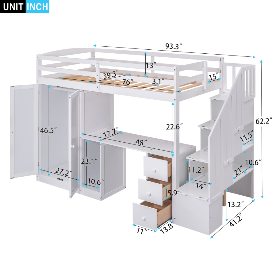 Twin Size Loft Bed with Wardrobe and Storage Staircase,built-in desk & Storage Drawers & Cabinet in 1,Loft Bed For Kids bedroom