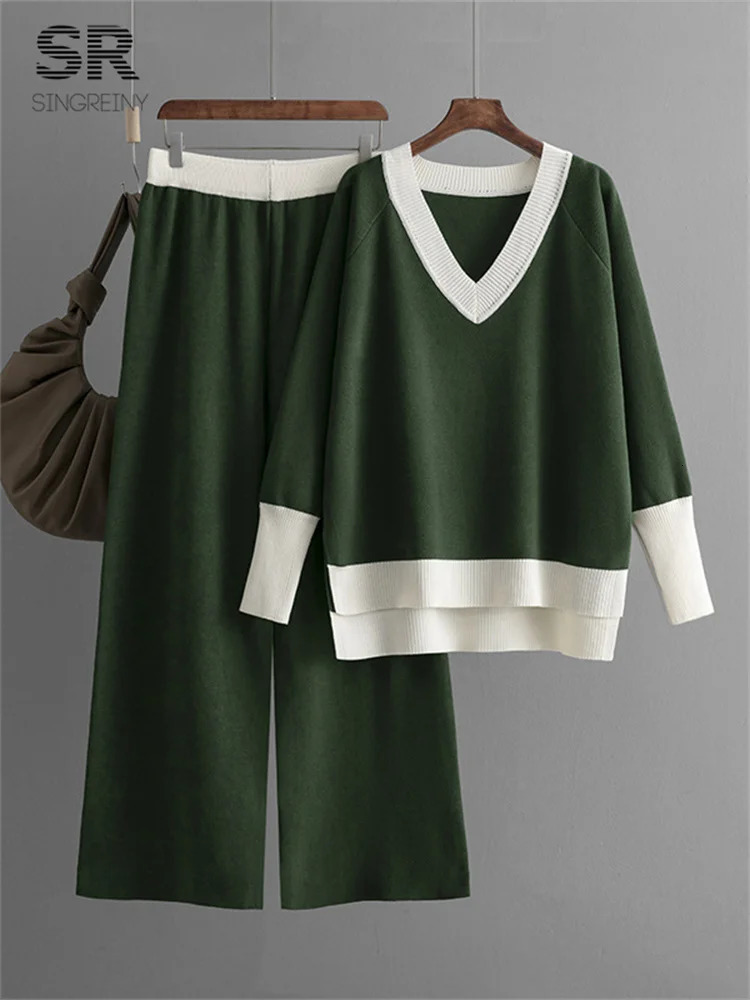 SINGREINY Casual Multicolor Loose Sets V Neck SweaterSolid Wide Legs Long Pants Autumn Winter Women Knitwear Thick 2pc Suits 241112