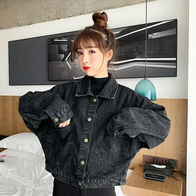 Black denim shorts womens jacket loose single chest button pocket Korean fashion retro Harajuku casual streetwear women 241112