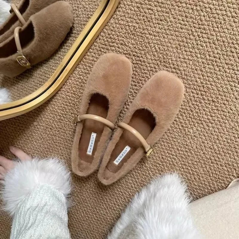 Elegant Buckle Fur Mary Jane Shoes for Women Comfortable Soft Fluffy Ballet Plain Knitted Women Plush Shallow Buckle Comfortable Dress 241111