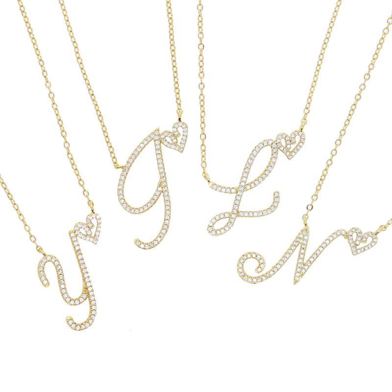 2024 New Initial Cursive Letters with Heart Pendant Necklaces Iced Out Initial Necklace Bling Cz Paved Fashion Jewelry Collier
