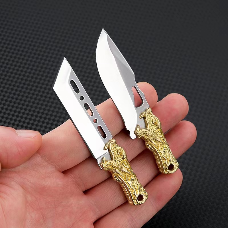 Mini D2 Blade Brass Handle Knife Portable Outdoor Straight Edge Sharp Keychain Quick Knife Outdoor Self Defense Knife