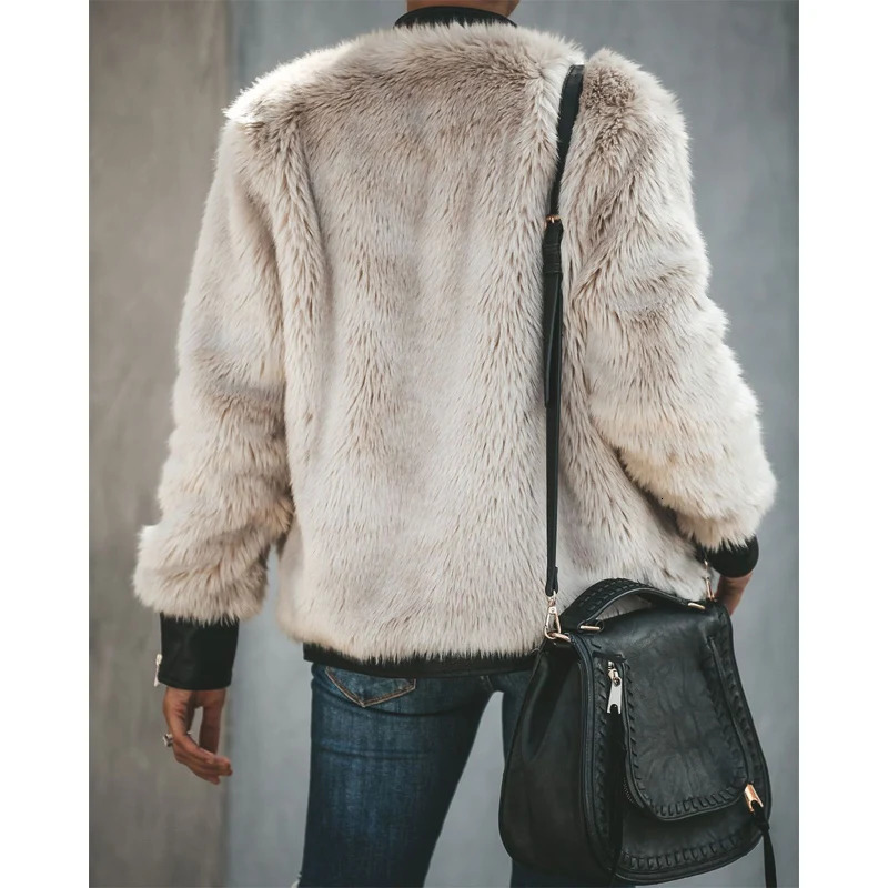 Womens warm teddy bear velvet leather patch work bag long sleeved slim fit jacket zipper oversized jacket 241112