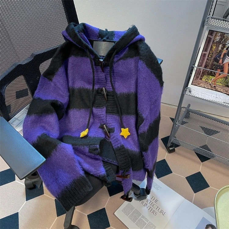 Retro Vintage Purple Black Striped Hooded Sweater Autumn Winter Bull Horn Buckle Cardigan Y2k Long Sleeve Loose Tops Mujer 241111