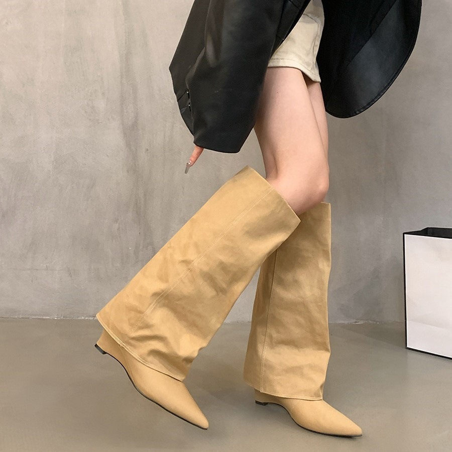 Women's Boots:Fashion Simple Design Long Boots Pointed Toe 2024 New Retro High Heel Spicy Girl Versatile,Blue/Apricot,Free shipping
