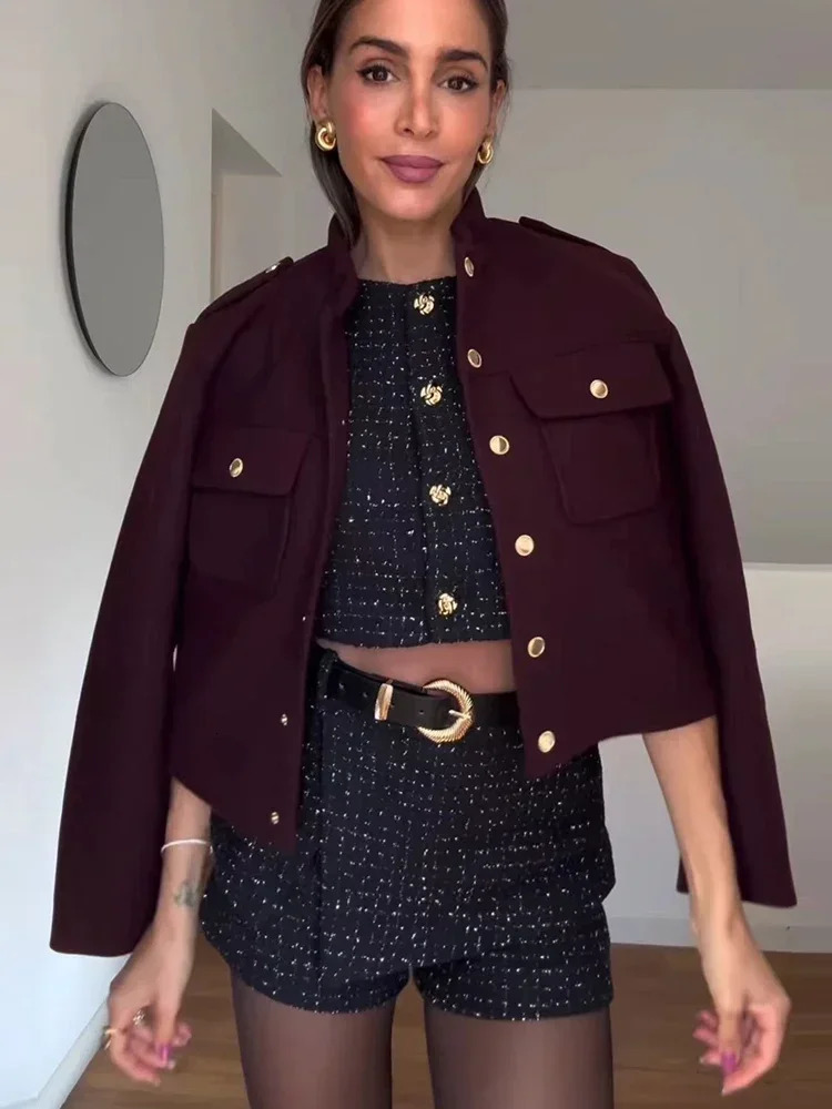 Elegant Womens Dark Red Jacket Vintage Stand up Collar Single Chest Full Sleeve Pocket Jacket Autumn Womens Office Jacket 241111