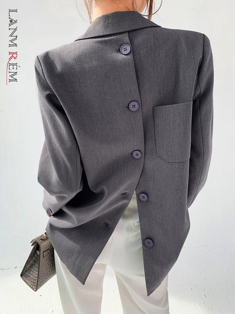 er Back Button Blazer Womens Grey Notched Long Sleeve Fashion Womens Coat Spring Collection 241111