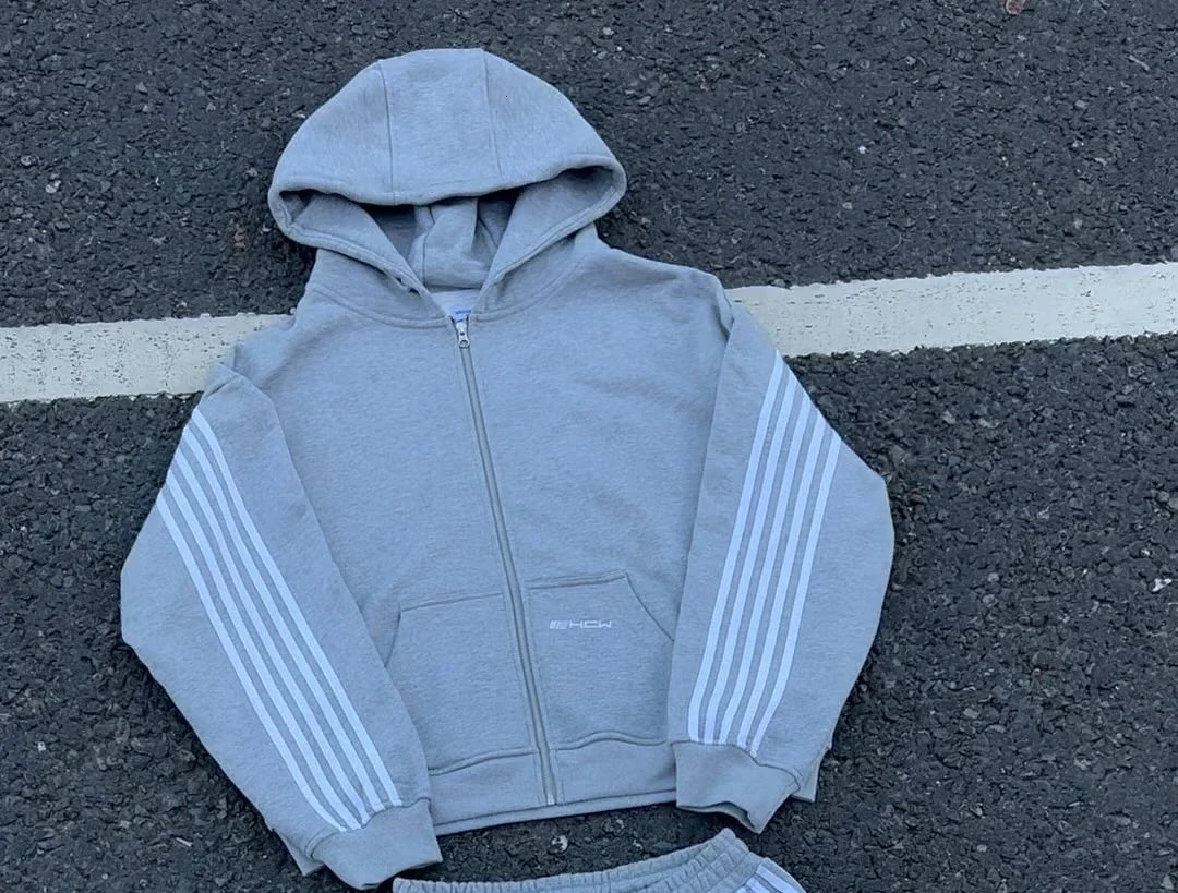 HCW Stripe Zip Up Hoodie Sweatpants Two Piece Set Y2K Clothes Mens Hip Hop Embroidery Oversized Sweatshirt Casual Pants 241111