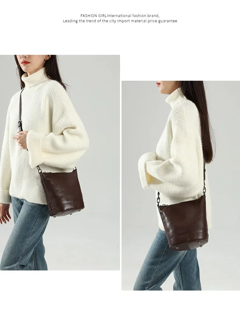 Top Layer Vegetable Tanned Cowhide Small Bucket Bag for Womens Winter Retro Genuine Leather Single Shoulder Crossbody 241111