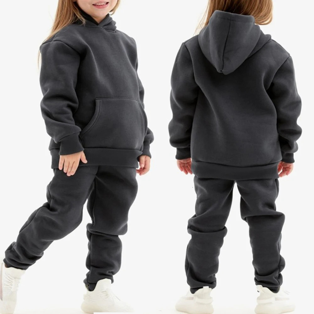 Winter Children Hooded Tracksuits Suits 0-6Y Toddler Boys Girls Clothing Suit Solid Plush Sweater and Sports Pants Set 241112