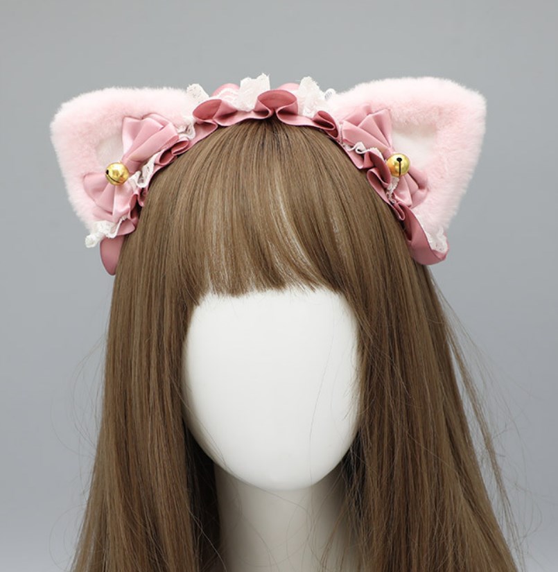 Costume Accessories Anime Lolita Cosplay Animal Cat Ear Headband Cute Plush Cat Ear Ruffled Lace Ribbon Bowknot Bell Hair Hoop Headpiece