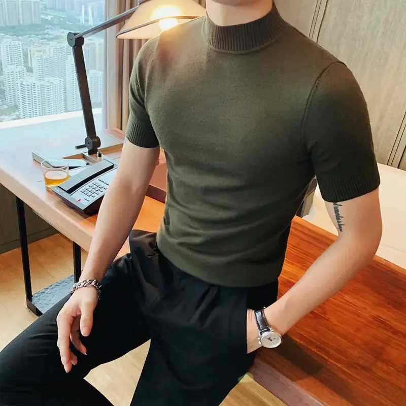 Large size 4XL-M autumn mens half turtle neck short sleeved knitted sweater mens ultra-thin elastic solid casual floral street clothing W2411111