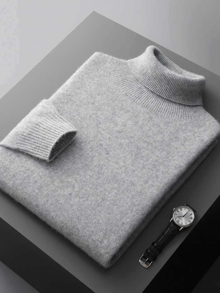 Autumn Mens Turtle Neck Solid Color Long Sleeve Warm Pulling 00% Merino Wool Knitted Sweater High end Commercial Thick Top W2411111