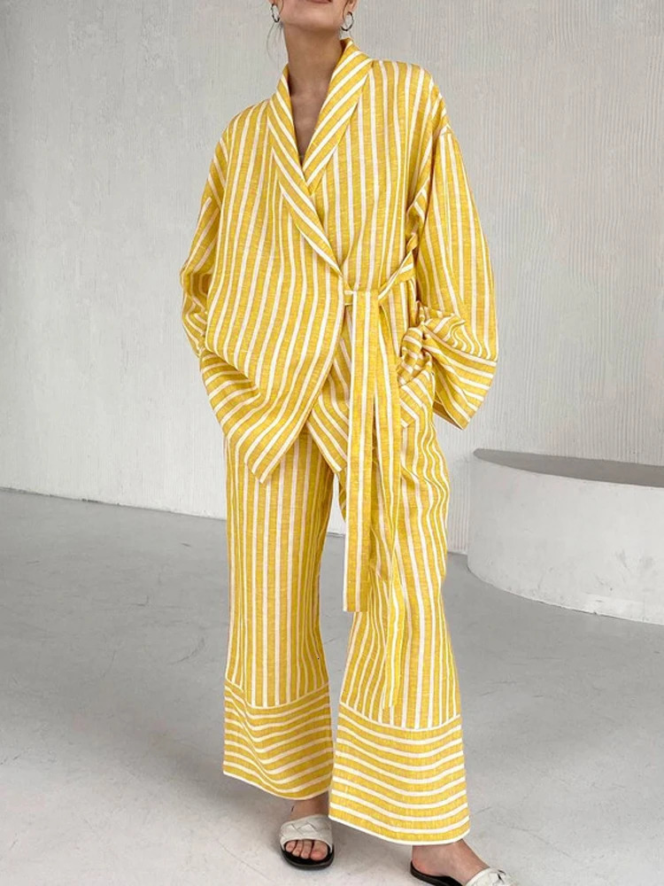 Casual yellow striped home set elegant high waisted wide pants set fashionable long sleeved shirt two-piece set pajamas set womens clothing set 241112