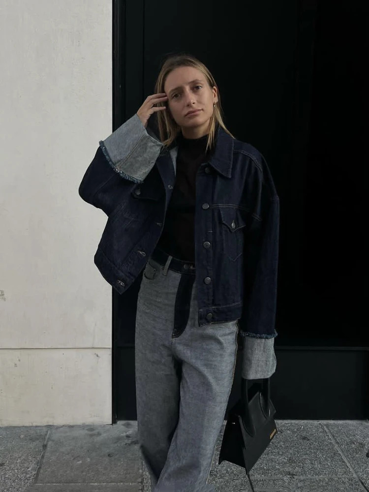 TRAF Womens Pocket Decoration Collar Curled Cuff Denim Jacket Fashion Retro Single breasted Short Jacket 241112