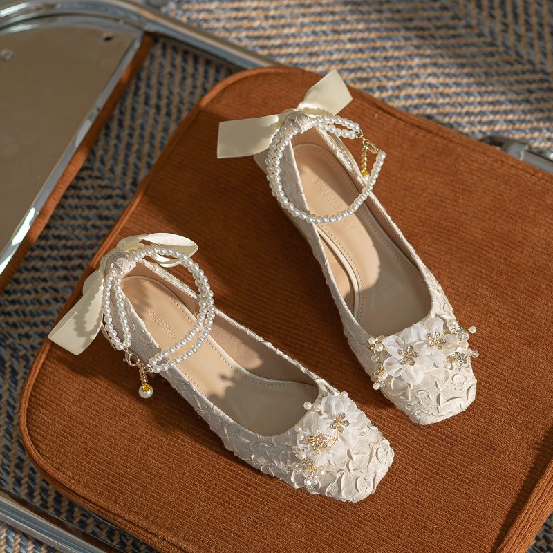 2025 new Pearl Women Chain Mary Janes Bow String Bead Chunky Sandals Autumn Design Mid Heels Shoes Pumps atos Mujer ca4a