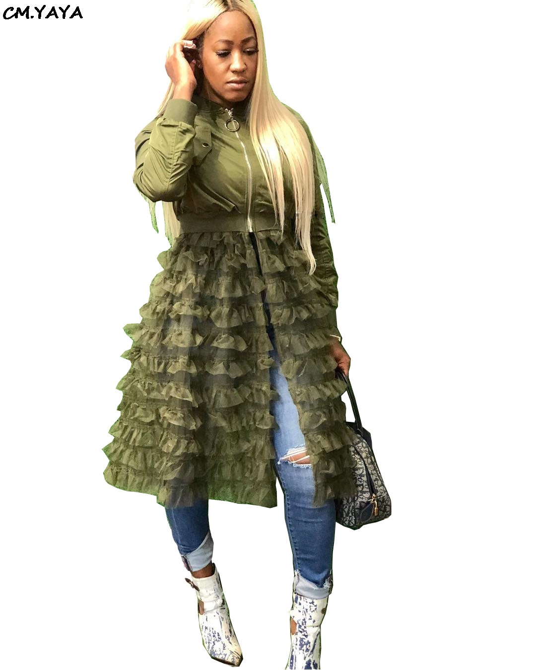 Women Winter Sleeve Cascading Ruffles Lace Patchwork Zipper Open Big Swing Long Trench High Street Coat Night 5072 S-3Xl