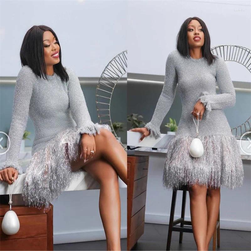 Casual Dresses Ladies Silver Long-sleeved O-neck Skinny Fringed Dress Autumn And Winter 2024 Urban Beautiful