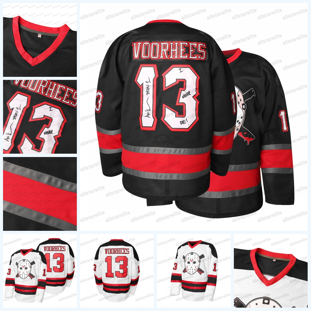 Friday The 13th Voorhees Embroidered Black White Hockey Jersey - Long Sleeves, Halloween Horror Movie Jersey sporty and fashionable casual, street bre