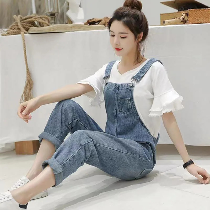 Biyaby Washed denim jumpsuit for womens casual high waisted blue wide leg pants for womens spring Korean loose pocket Jean Overalls 241112