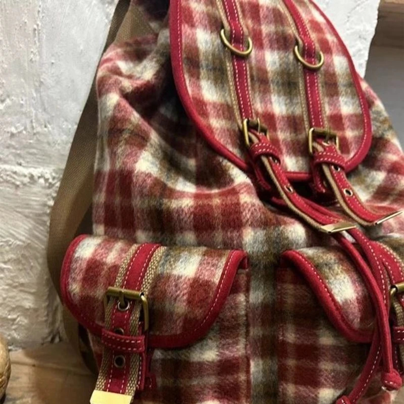 Korea Fashion Retro Red Plaid Cute Coarse Fleece Womens Bag Autumn Winter Christmas Year Y2k Large Capacity Drawstring School Bag 241111
