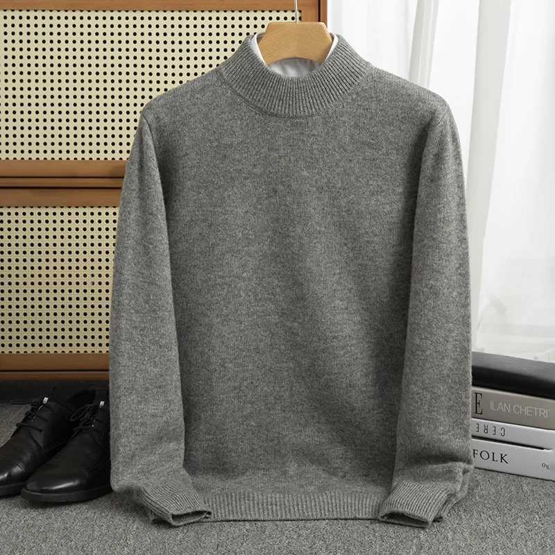 New solid color autumn/winter 00% Merino wool jacquard cashmere sweater mens half ponytail neck jacquard warm bottom knitted shirt W2411111
