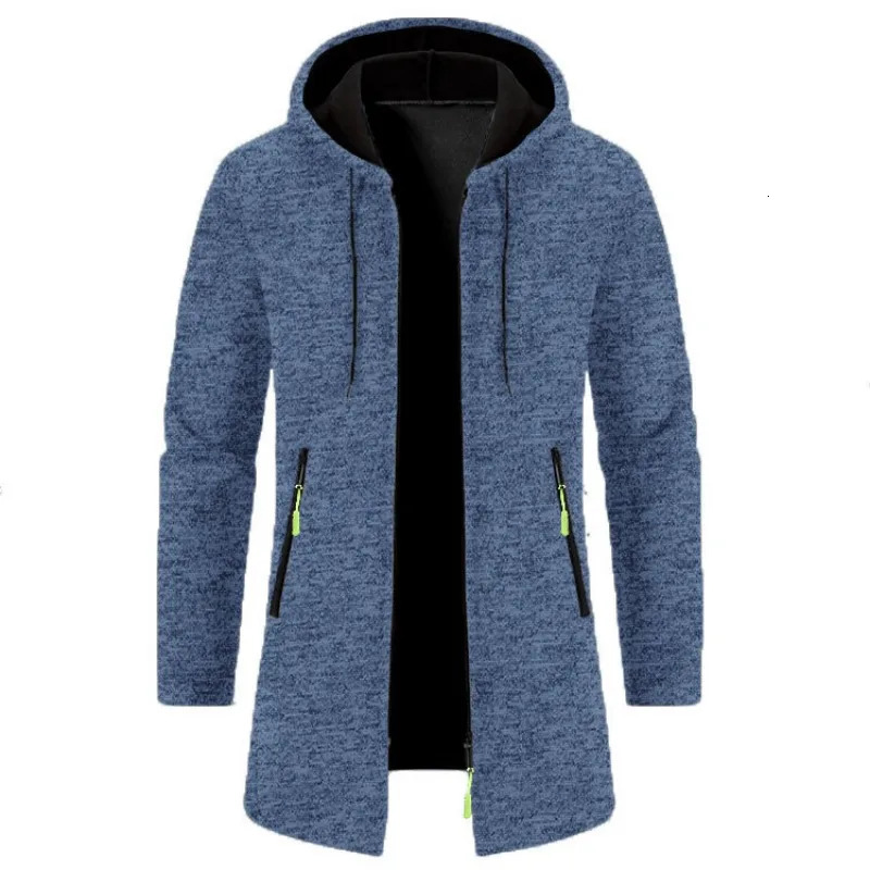 Autumn mens casual long sleeved knitted cardigan fashionable solid color zipper hooded sweater long wool jacket 241112