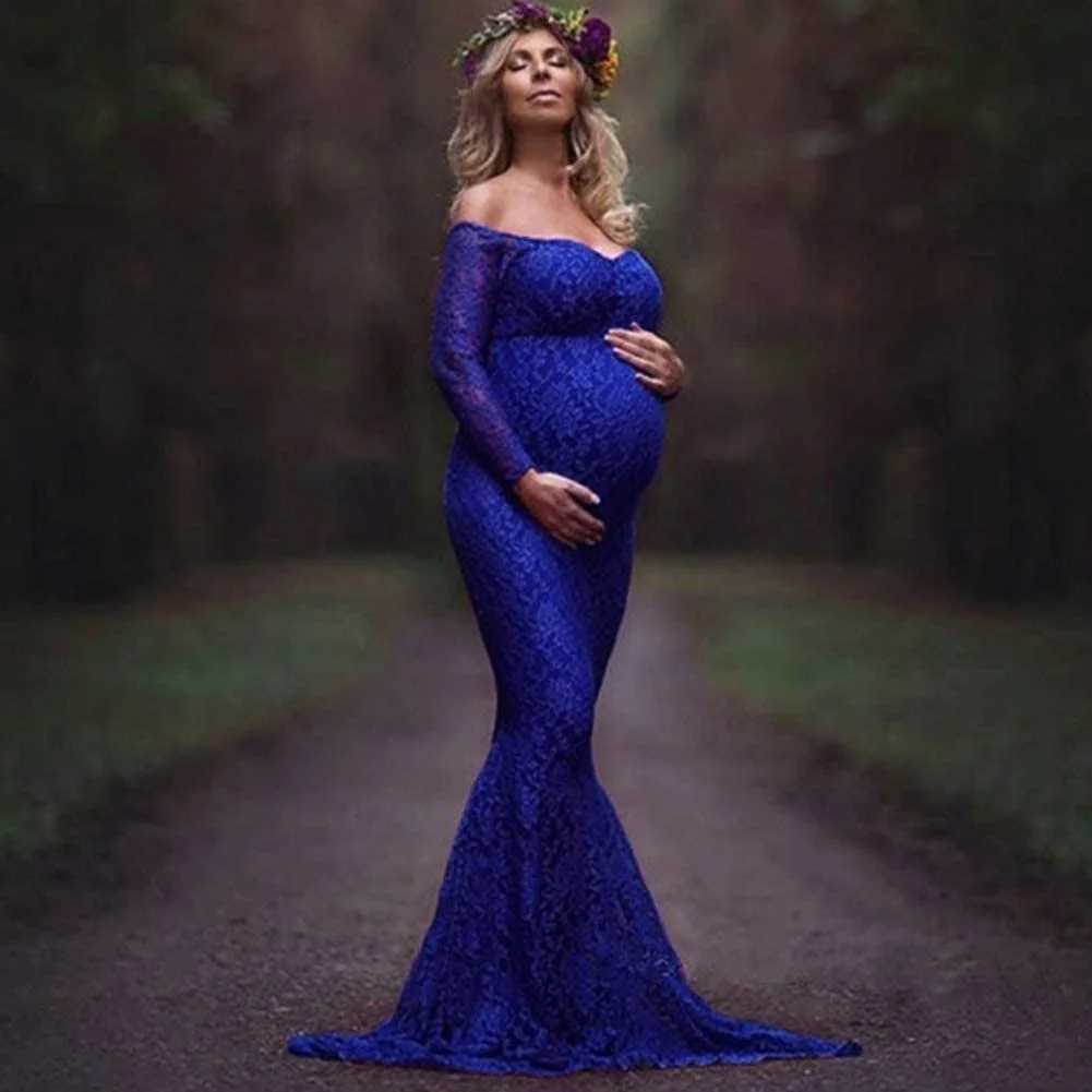 Maternity Dresses Women Ruched Floral Lace Maternity Photography Prop Long Sleeve Maxi Dress Fancy Wedding Pregnancy Gown Baby Shower Photoshoot 24412