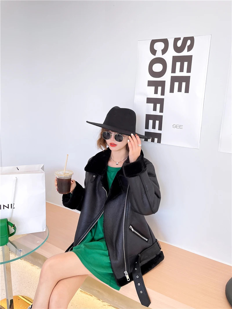 RARF womens jacket extra thick warm extra thick sheepskin faux fur rider jacket 241112