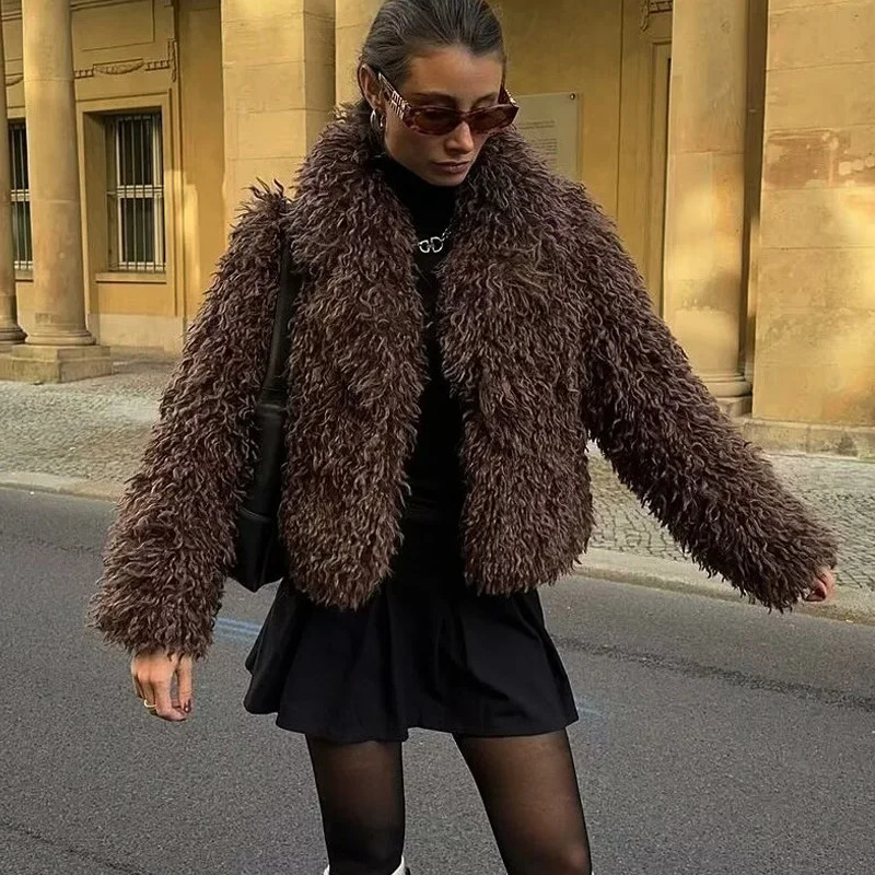 TRAF Womens Jacket Plush Teddy Coat Womens Coat and Jacket Crop Brown Coat Long Sleeve Coat Warm Winter Coat 241112