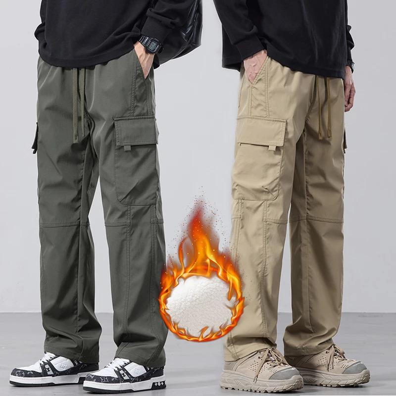 Mens Fleece Cargo Pants Winter Fashion Casual Pants Large Pockets Loose Velvet Trousers Male Plush Thickened Warm Pants 241112