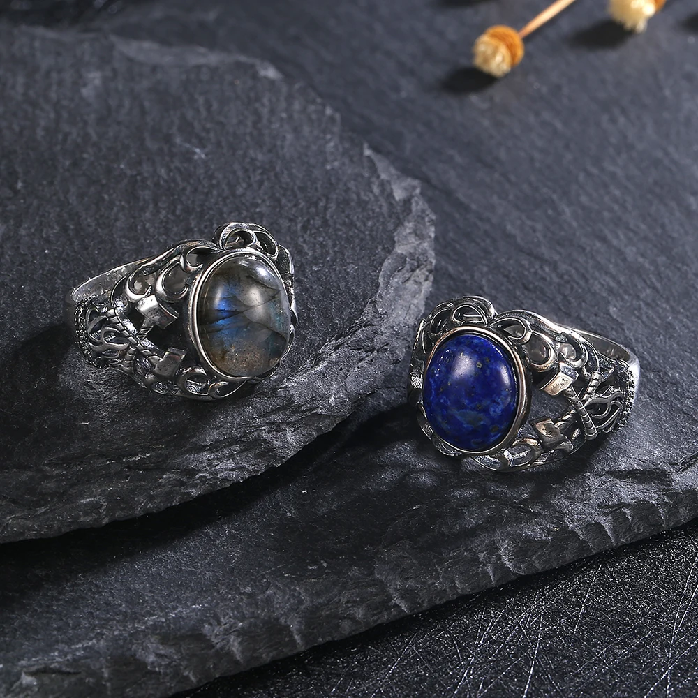 10*12mm Natural Labradorite Moonlight Silver Rings Lapis Lazuli Turquoise Ring Axe Hollow Design Jewelry for Women