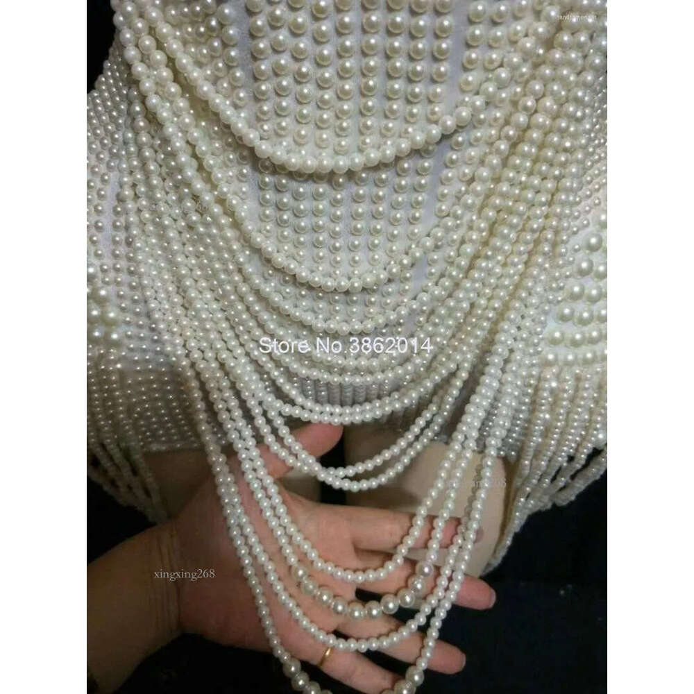 Stage Wear White Pearls Beading Bodysuit Jazz Dance Costume Evening Nightclub Bar Show Prom Birthday Outfit Women Clothes