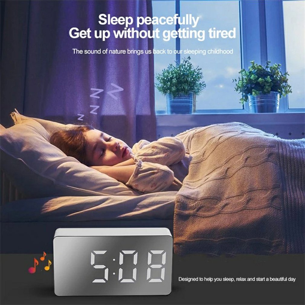 Mirror Table Clock Multifunctional Digital Alarm Snooze Display Time Night LED Light Desk Desktop Home Decor Gifts for Children
