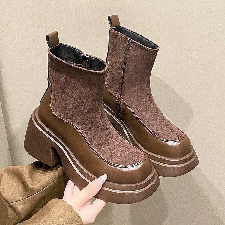 Women's Retro Thick Soled Versatile Suede Patchwork Short Boots Free Shipping.