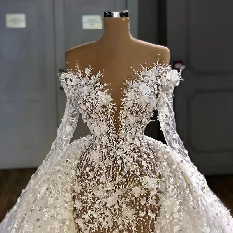 Arabic Pearls Mermaid Wedding Dresses Illusion Scoop Neck Bridal Gowns With Detachable Train Long Sleeve Lace Appliqued Robe De Mariee Plus Size