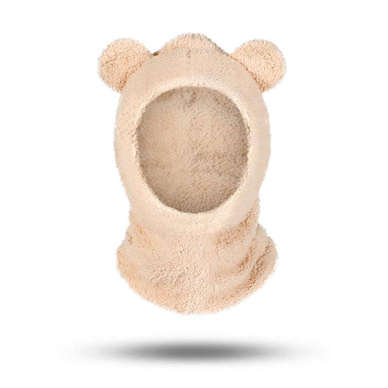 Cute Balaclava with Bear Ear Winter Women Beanies Caps Hood Warm Thick Plush Hat Scarf Gloves Set 3 in 1 Solid Color