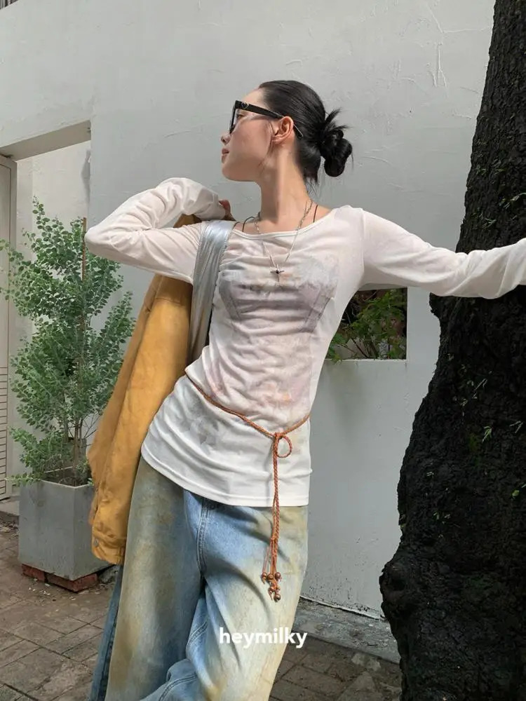 Tawaaiw Fairycore Graphic T-shirt long sleeved Korean fashion 2000s clothing Y2k autumn top fashionable womens T-shirt 241112