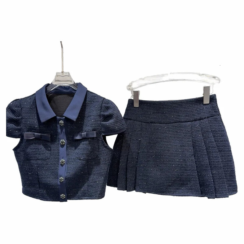 PREPOMP Summer Down Collar Short Puff Sleeve Top Coarse Hemp Mini Folded Leather Two Piece Set GR292 241112