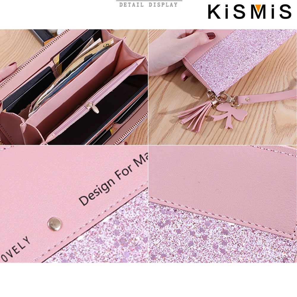KISMIS New Long Women's Zipper Wallet - Korean Splicing, Color Contrast, Tassel, and Rivet Details