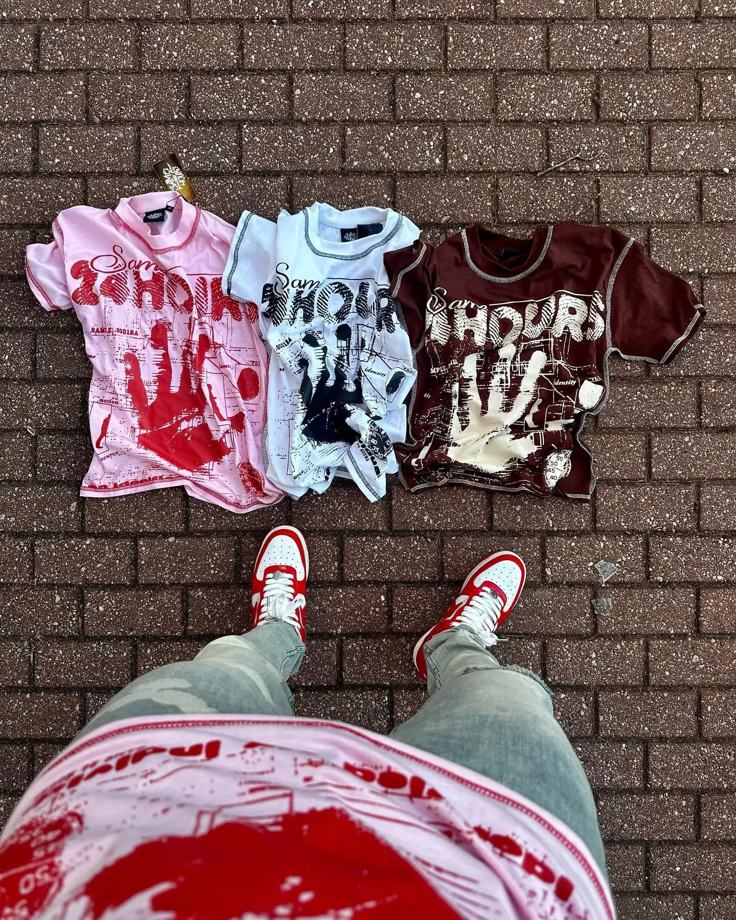 Street T-shirt couple striped patch short sleeved Y2k men and women pink hip-hop print loose casual personalized embroidery 241112