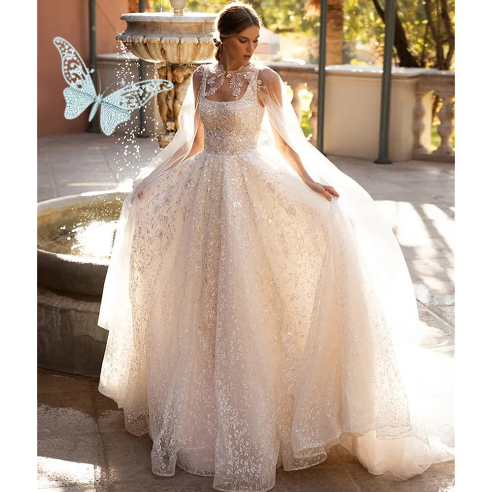Luxurious Arabic Charming A-Line Wedding Dresses Illusion Lace Appliques Cap Sleeves Formal Bridal Gowns Robe de Mariee