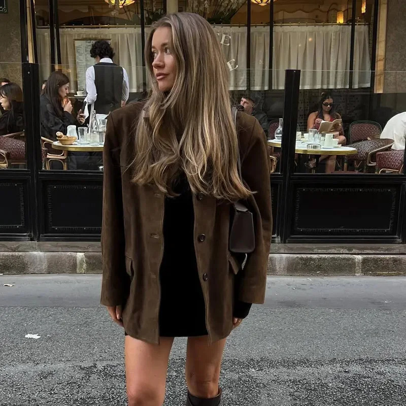 TRAF Womens Jacket Autumn Suede Jacket Womens Office Jacket Long Sleeve Jacket Old Casual Solid Jacket Womens 241111