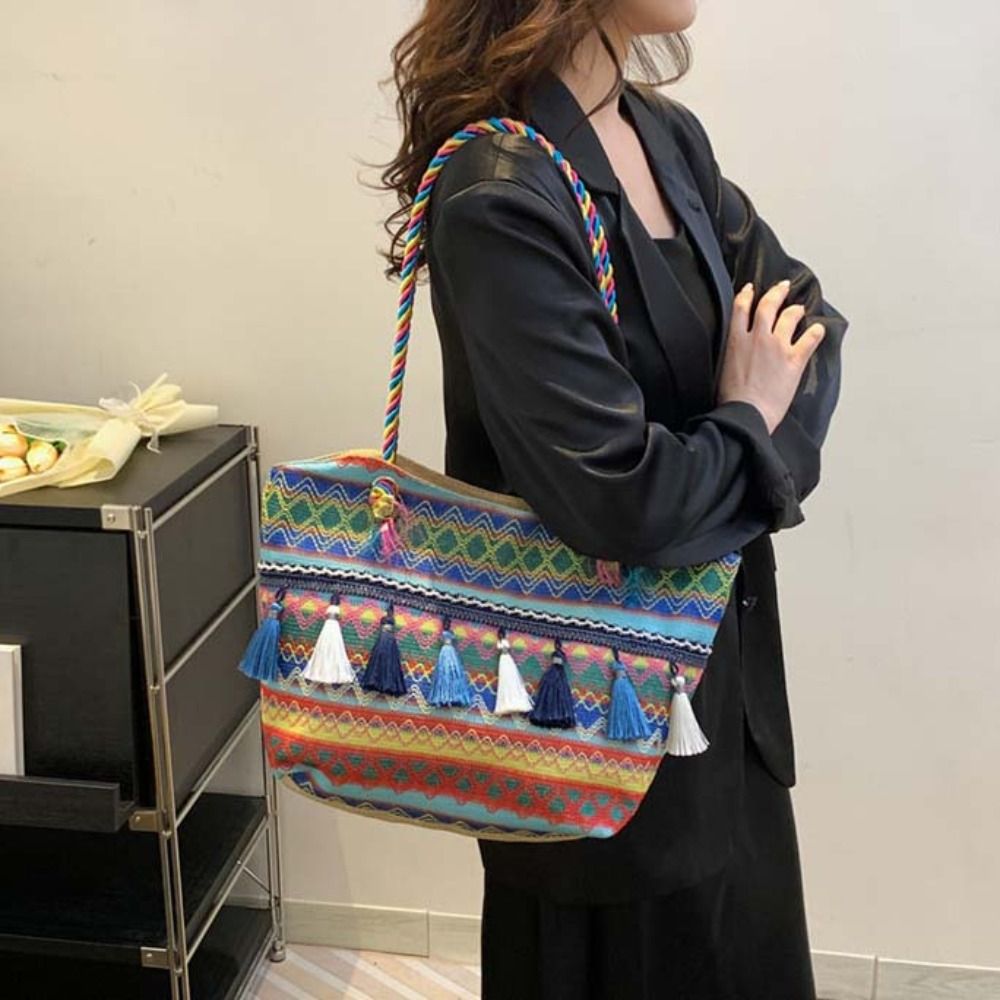 Stripe Ethnic Style Shoulder Bag Tassel Large Capacity Canvas Colorful Handbag Travel Storage Bag Korean Style