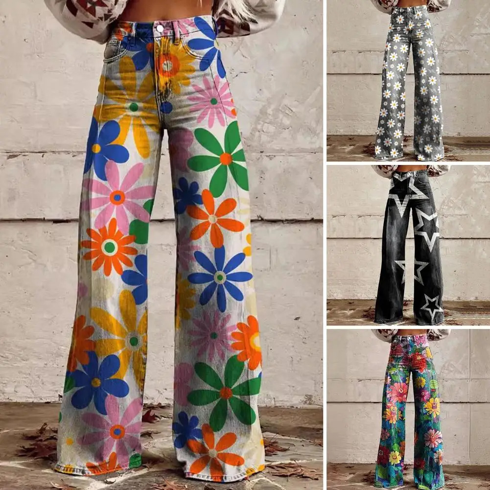 Women Retro Pants High Waist Button Zipper Fly Pockets Long Trousers Digital Floral Print Distressed Straight Wide Leg Pants 241112