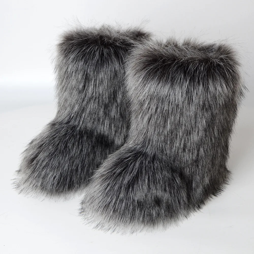 Winter Faux Fur Boots Women Warm Fluffy Snow Boots Footwear Female Furry Fox Fur Bottes Fashion Winter Shoes 241112